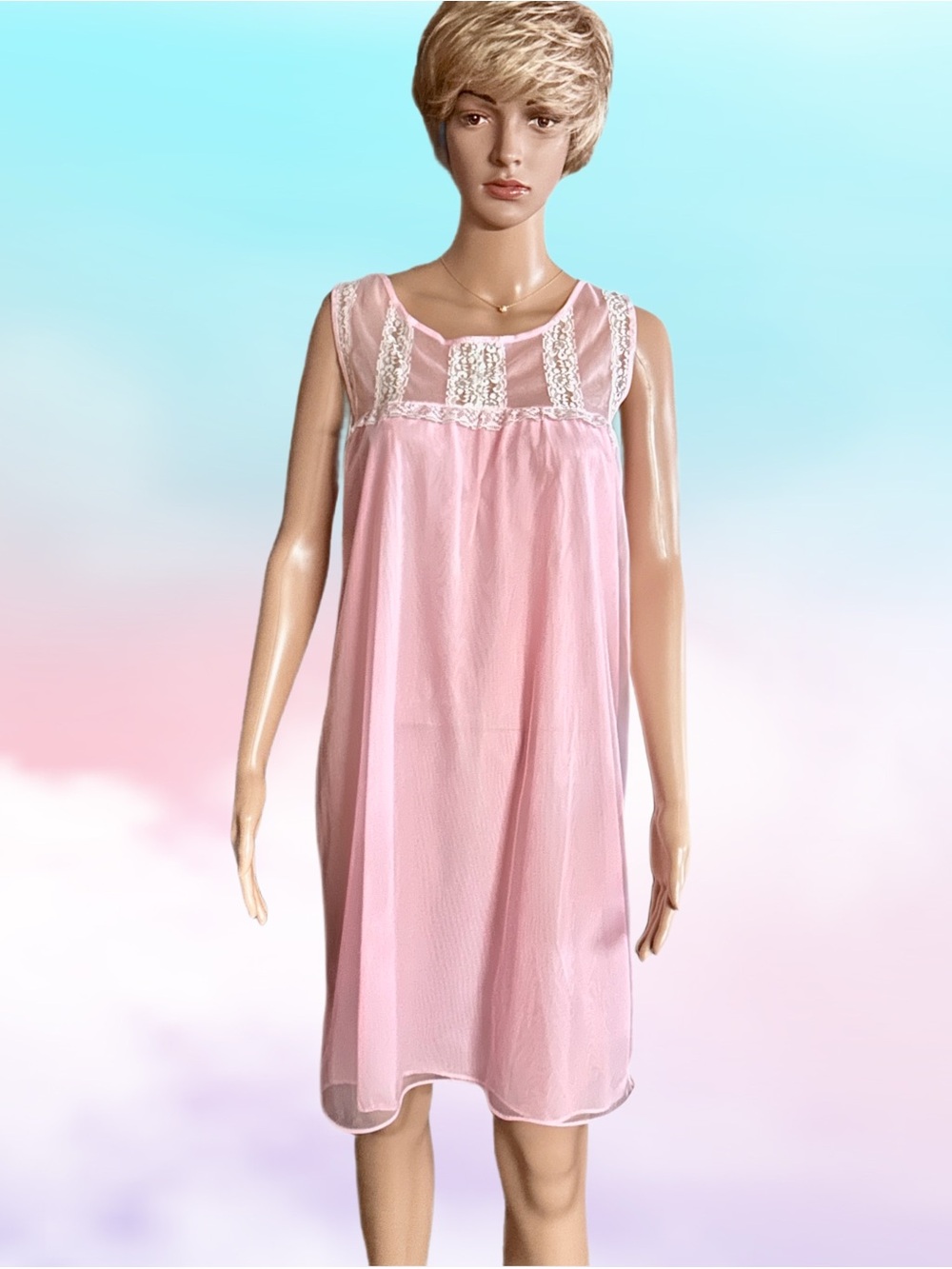 Vintage ~ USA Union Made ~ Barbie Pink ~ 
Double Sheer ~ Babydoll Nightgown